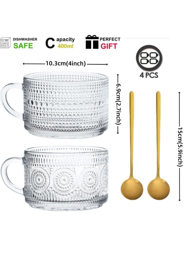 LODROC 4Pcs Vintage Coffee Mugs, Overnight Oats Containers with Bamboo Lids and Spoons - 14oz Clear Embossed Glass Cups, Stackable Breakfast Cups, Coffee Accessories - Women Gifts for Mother's Day, Valentine's Day, Christmas - Image 2